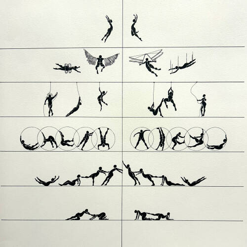 Black and white drawing of tiny stick figures doing various activities like flying, and streching.